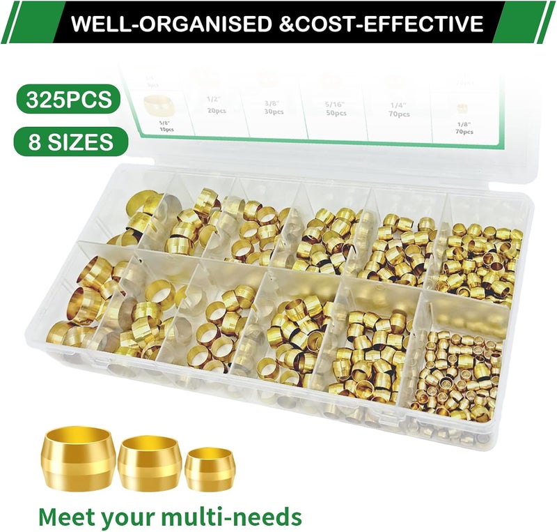 Japtend 325pcs Brass Compression Sleeves Ferrules Fittings Assortment Kit, 3/4" 5/8" 1/2" 3/8" 5/16" 1/4" 3/16" 1/8" 8 Sizes Air Hose Ferrules Kit of Air Water Fuel Oil Gas Tube Lines - Image 5